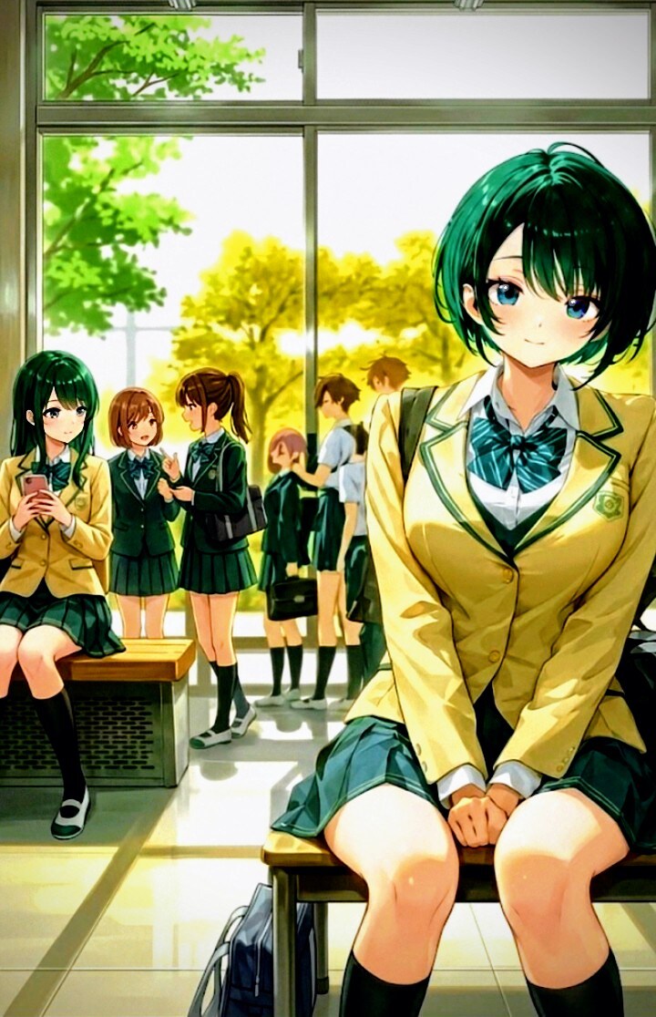 放課後のクラスメート達と､　　　　　　　　　　　　　　　　予定が無い､☕お誘い待ちの緑髪娘📗　　　　　　　　　　　　　　　from･お解り頂けただろうか？👻 | の人気AIイラスト・グラビア
