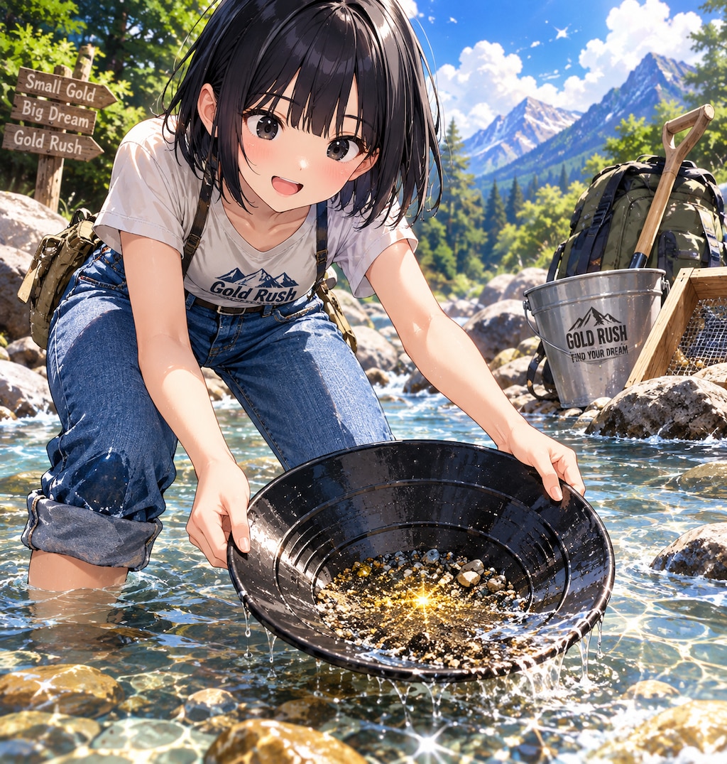 砂金採りをしている女の子