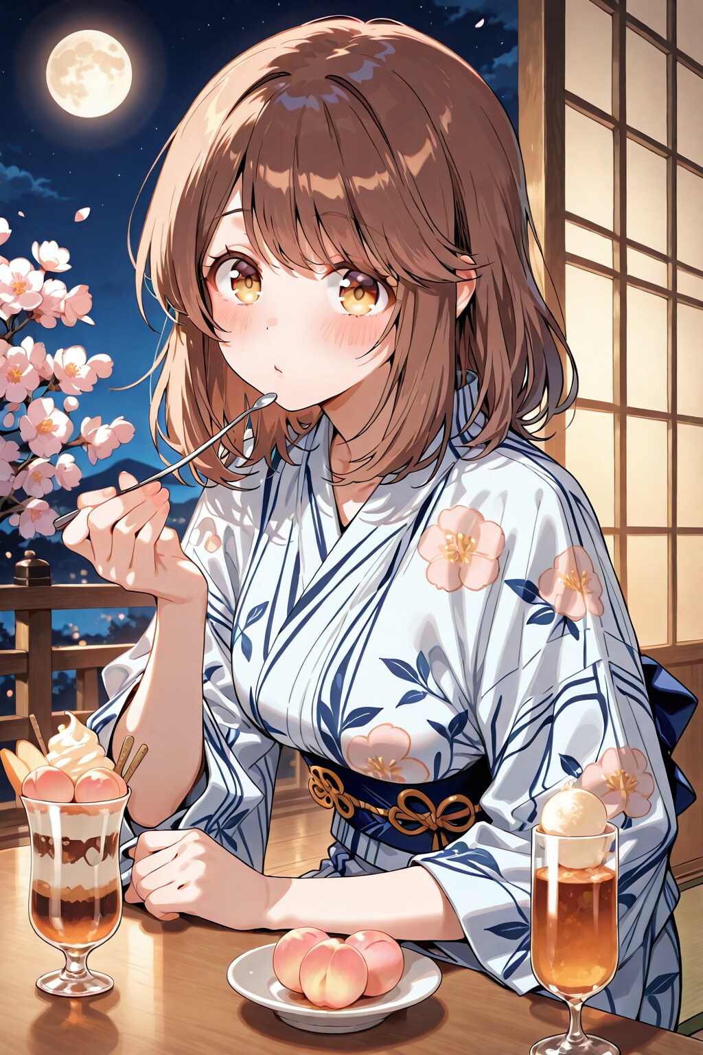 浴衣の心実と夜桜(ちちぷい版)