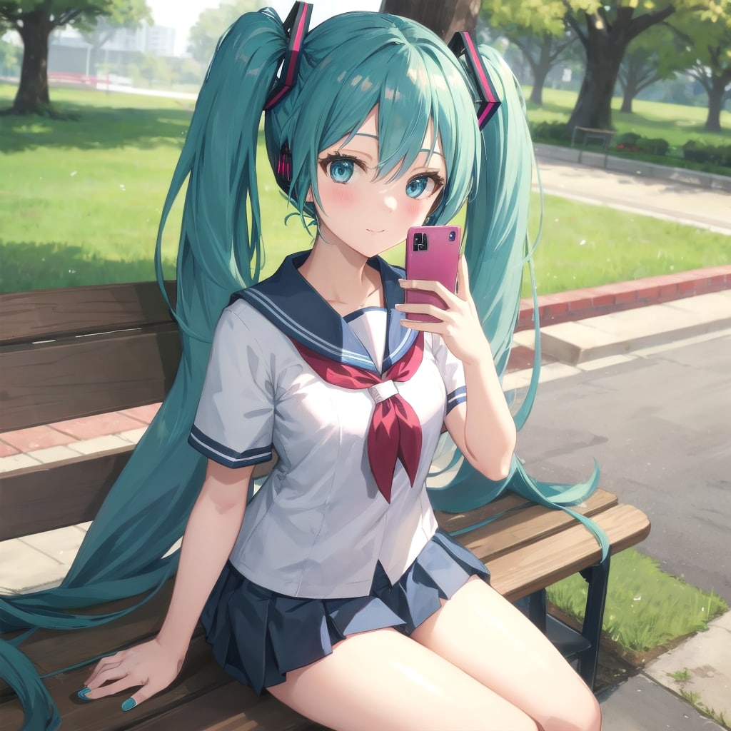 公園ベンチで自撮り