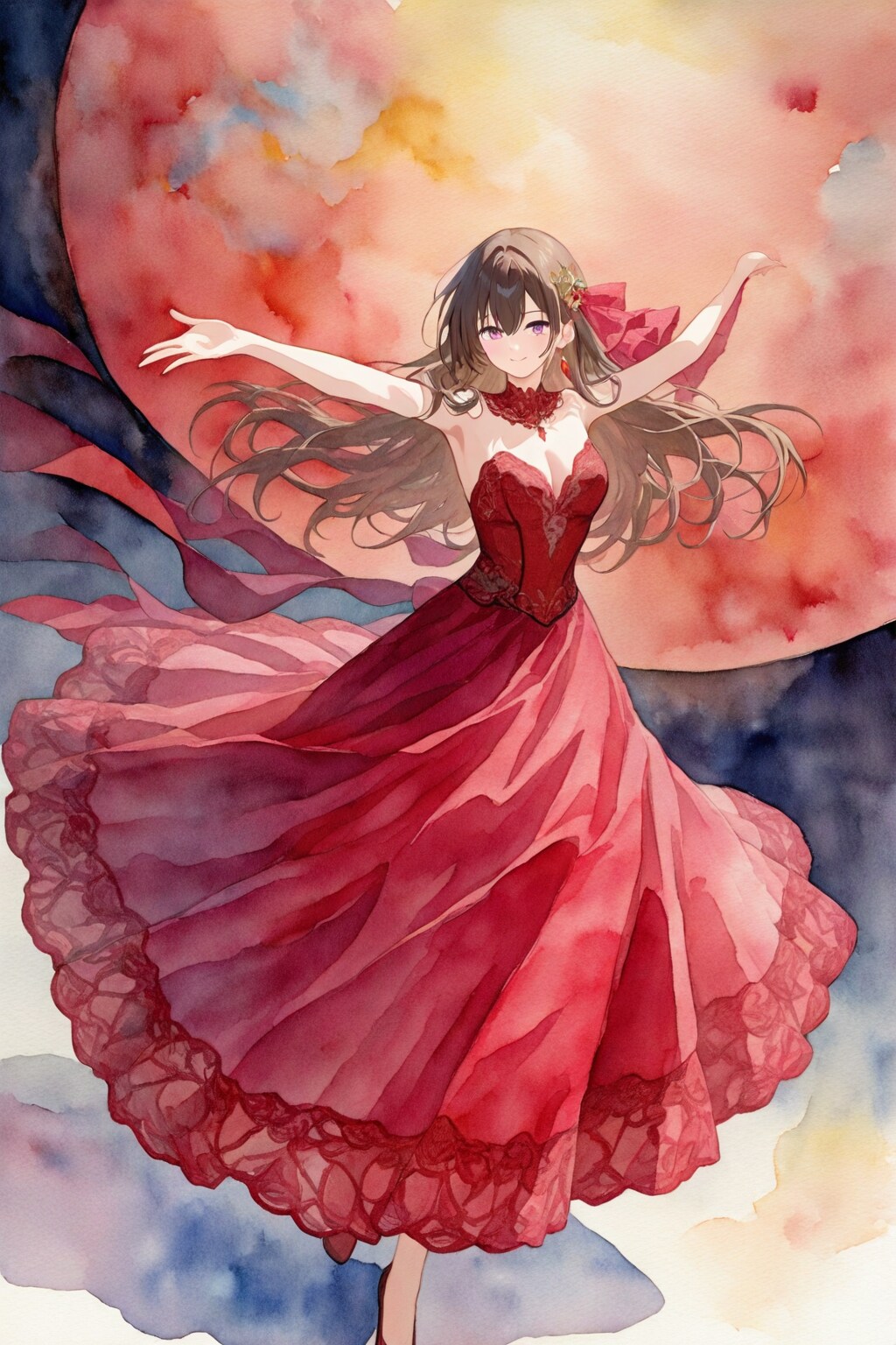 彼岸花の様に真赤なレースのロングドレスで楽しそうに舞う少女の水彩画