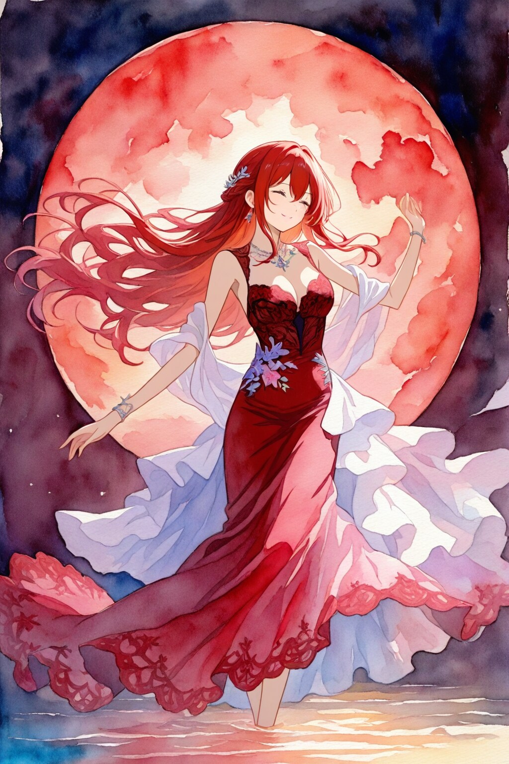 彼岸花の様に真赤なレースのロングドレスで楽しそうに舞う少女の水彩画