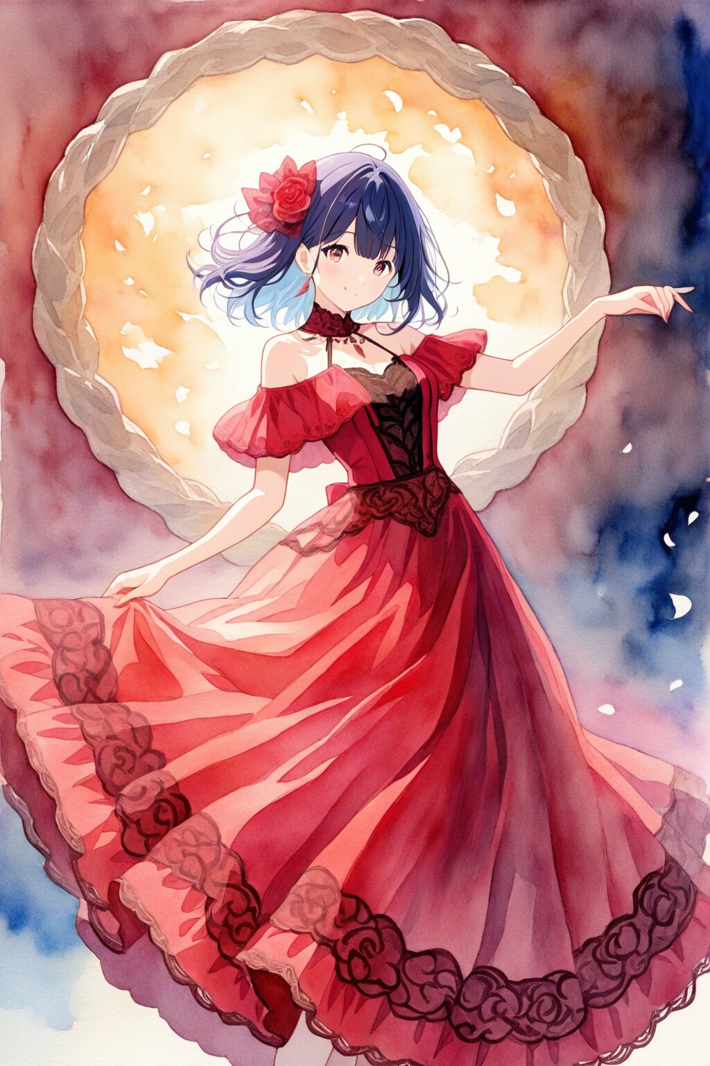 彼岸花の様に真赤なレースのロングドレスで楽しそうに舞う少女の水彩画