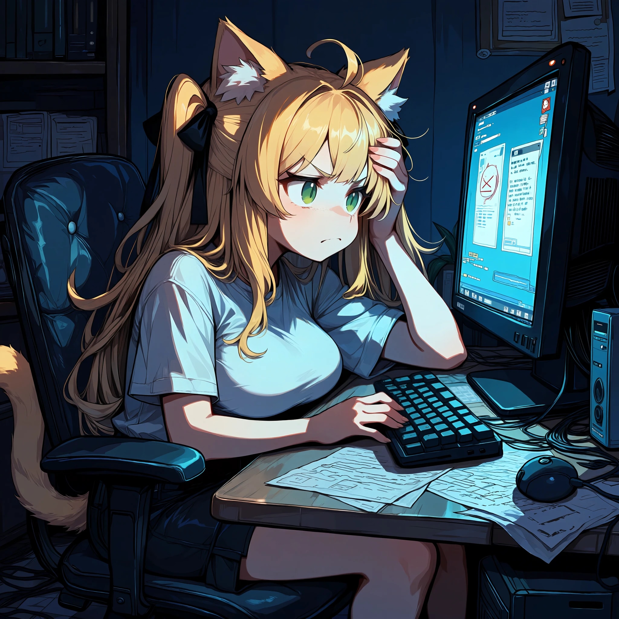 モニターとにらめっこしている猫耳の女の子 | の人気AIイラスト・グラビア