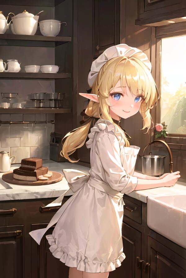 お菓子作りをする少女エルフ