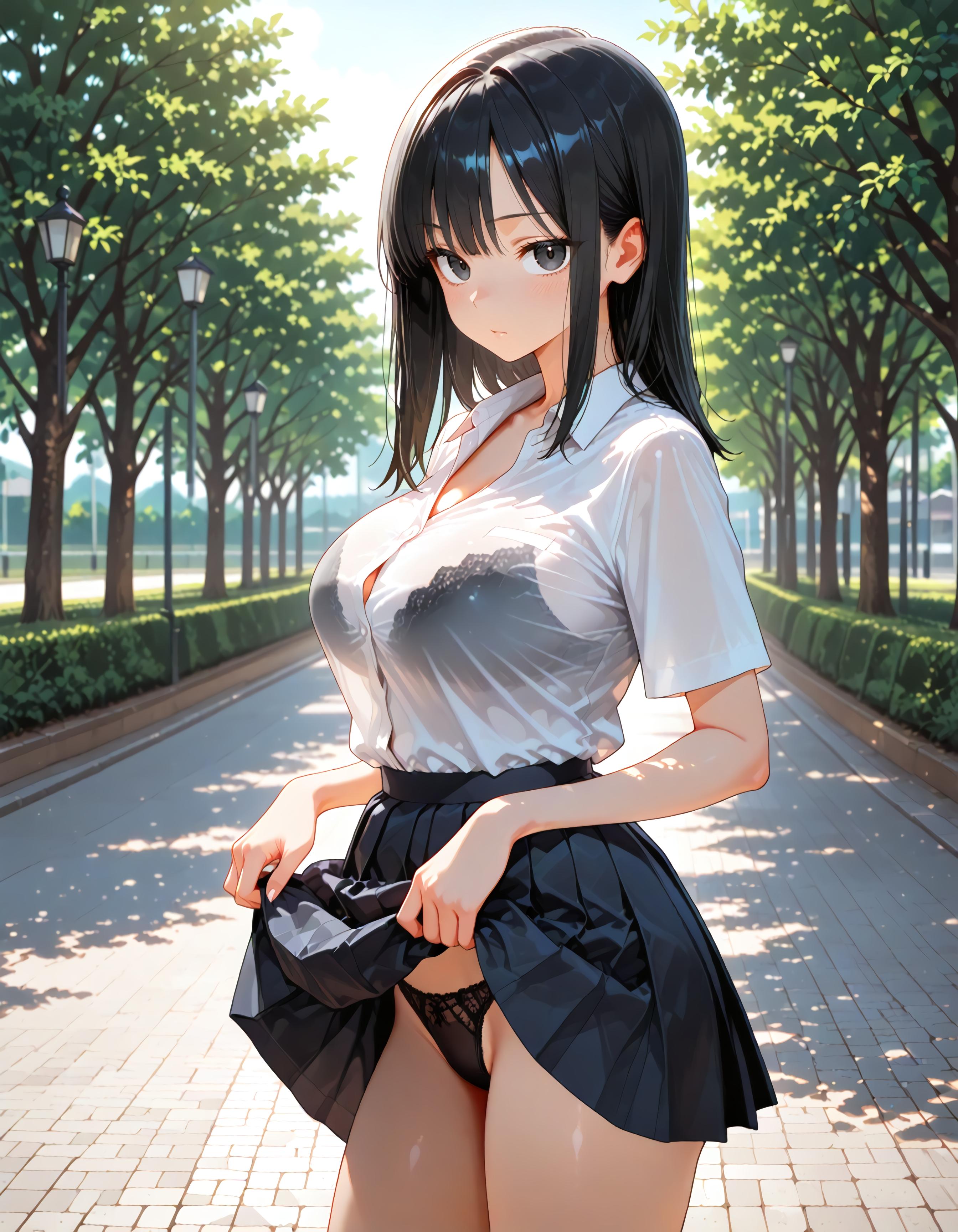黒髪なびかせ輝くパンツ