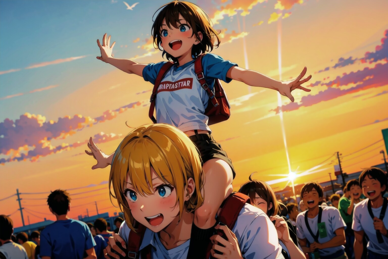 秋　夕暮れ　肩車