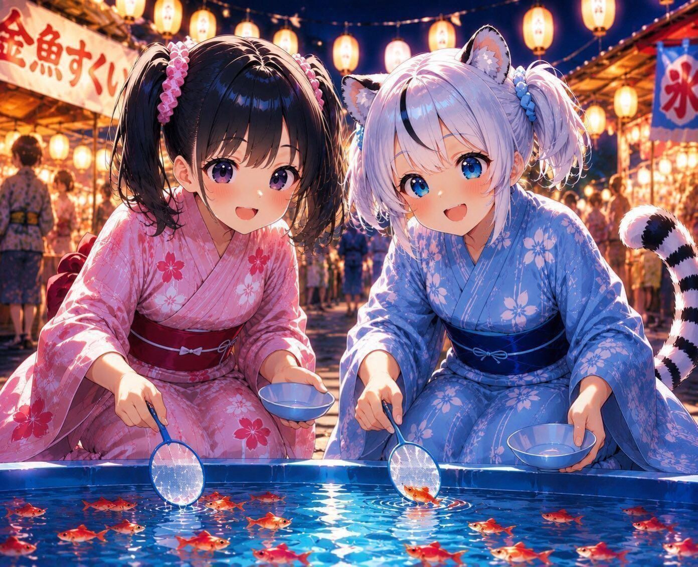 千夏ちゃんと凛虎ちゃんで金魚すくい(∩´∀`∩)💕