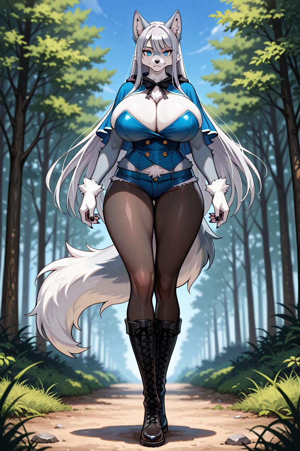 登山中の銀髪ロングな狼娘