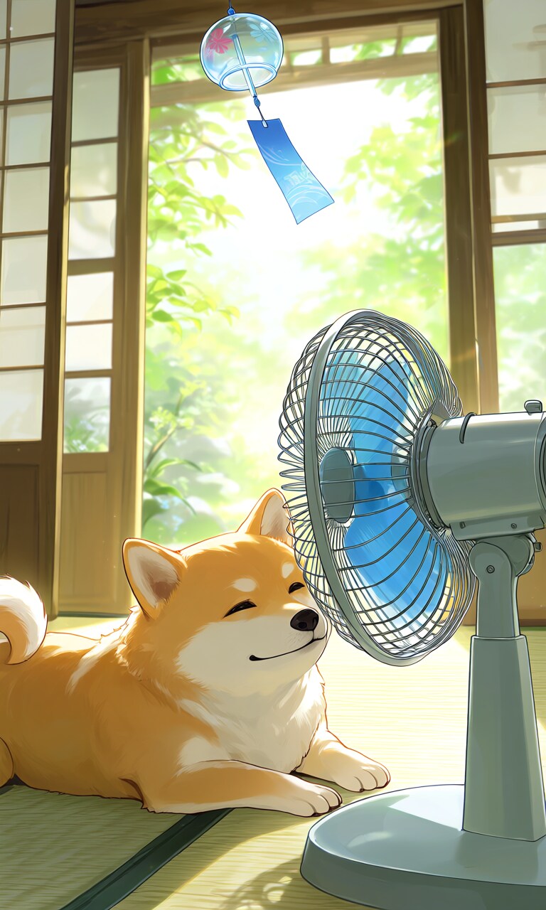扇風機で涼む柴犬