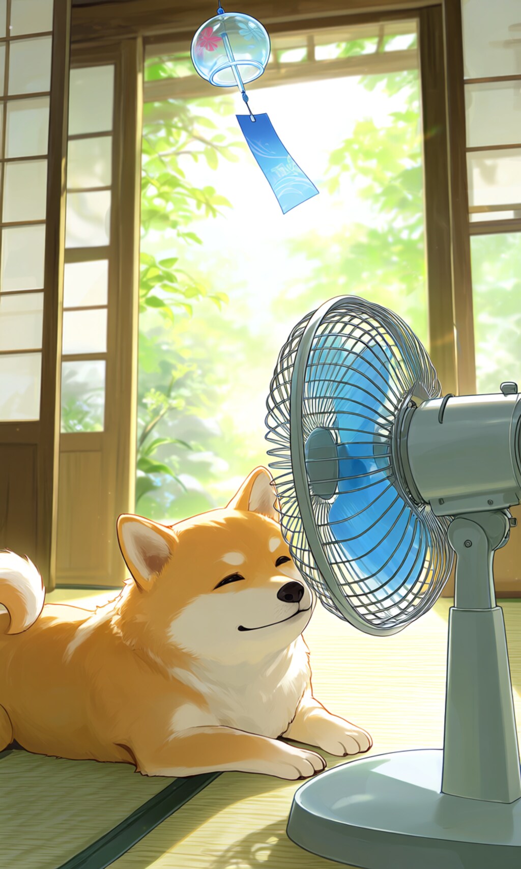 扇風機で涼む柴犬
