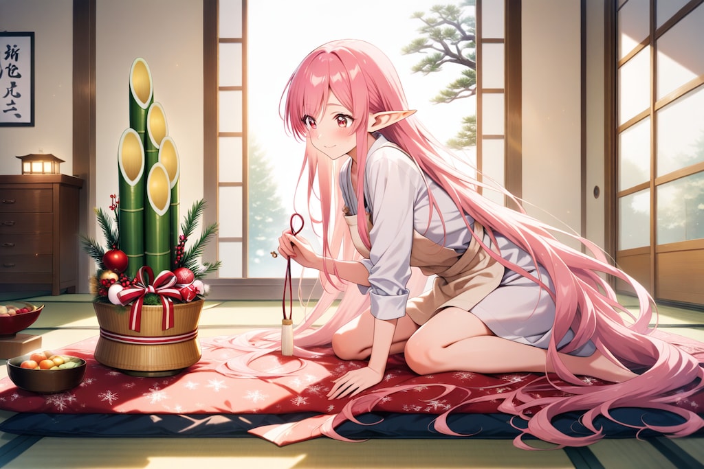 正月の準備をするエルフの女の子