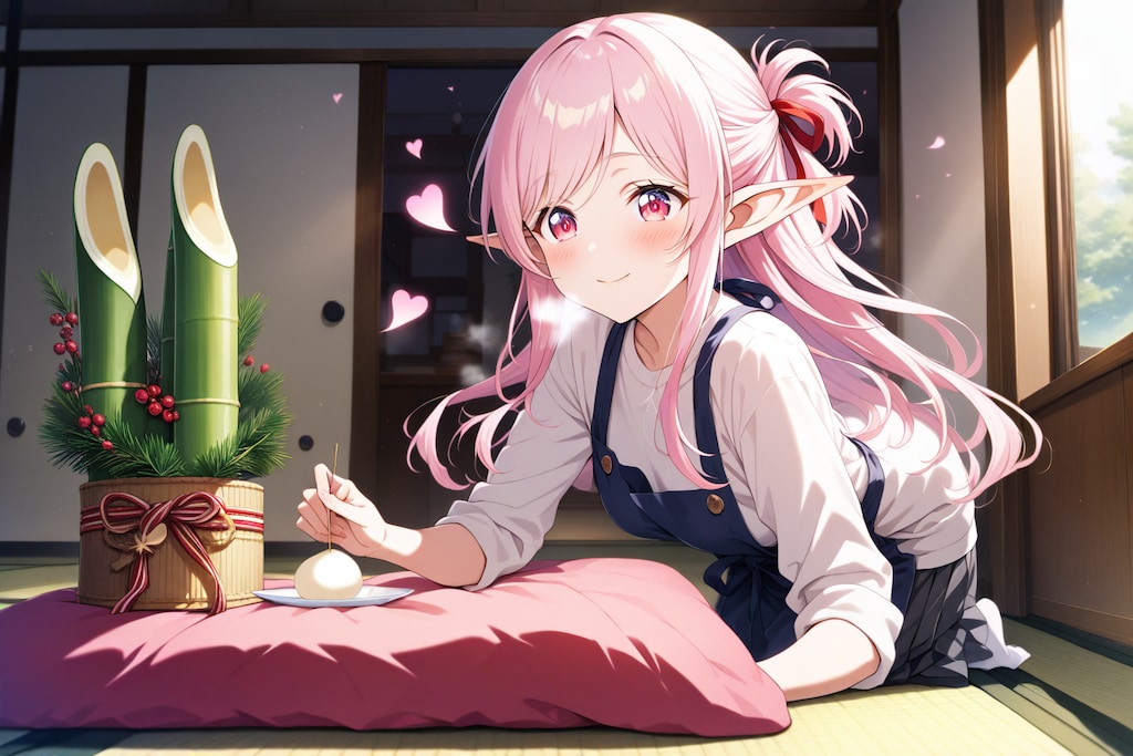 正月の準備をするエルフの女の子