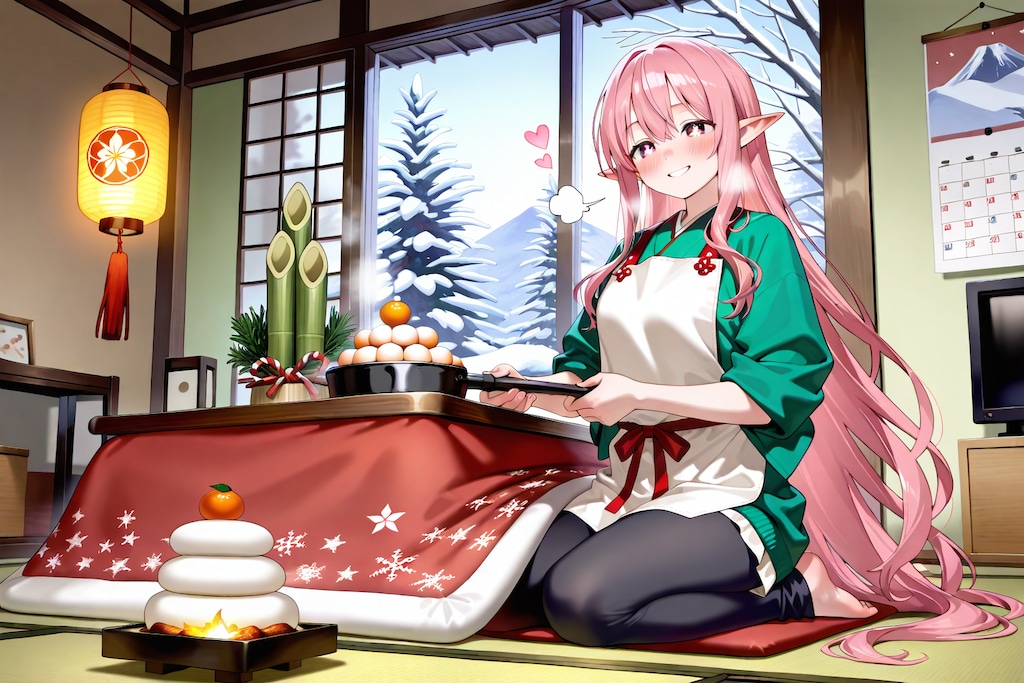 正月の準備をするエルフの女の子