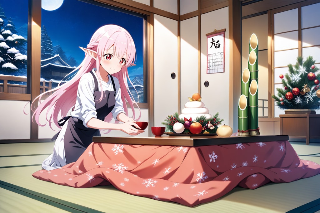 正月の準備をするエルフの女の子