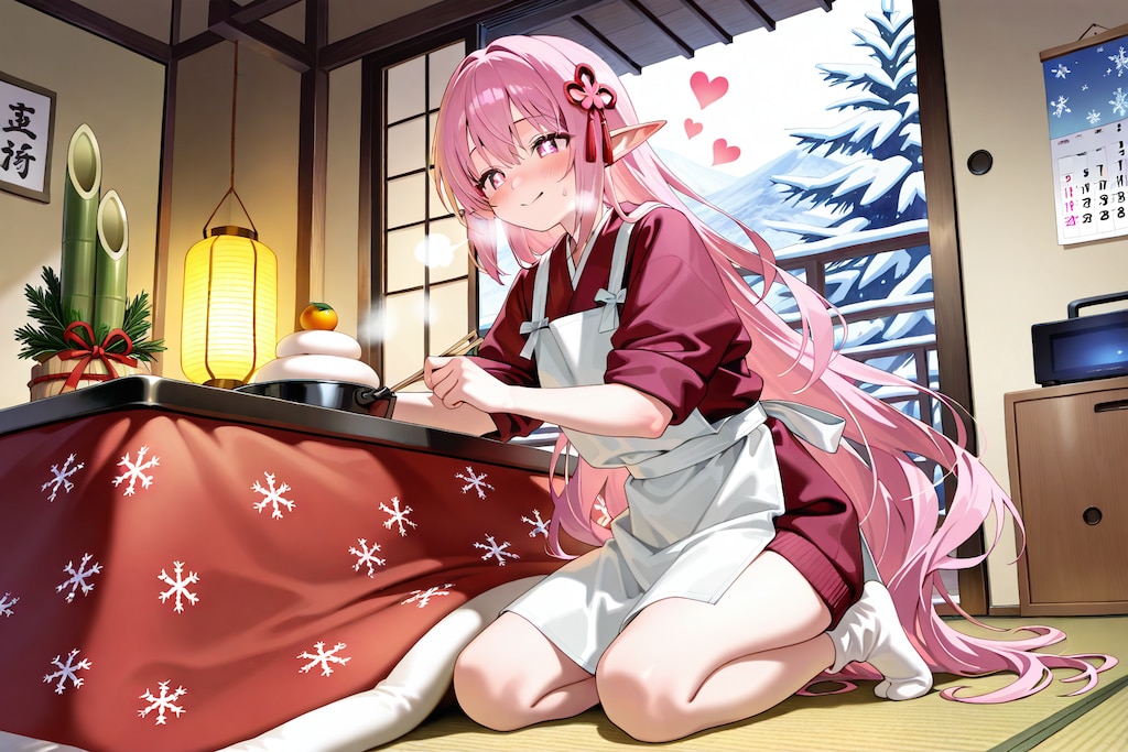 正月の準備をするエルフの女の子
