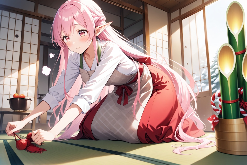 正月の準備をするエルフの女の子