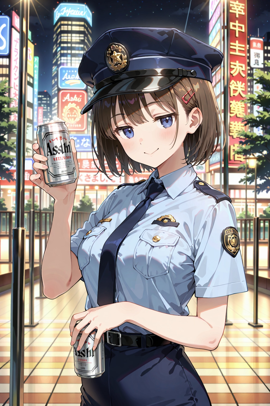 缶ビールを犯人から没収した直後の婦警さん