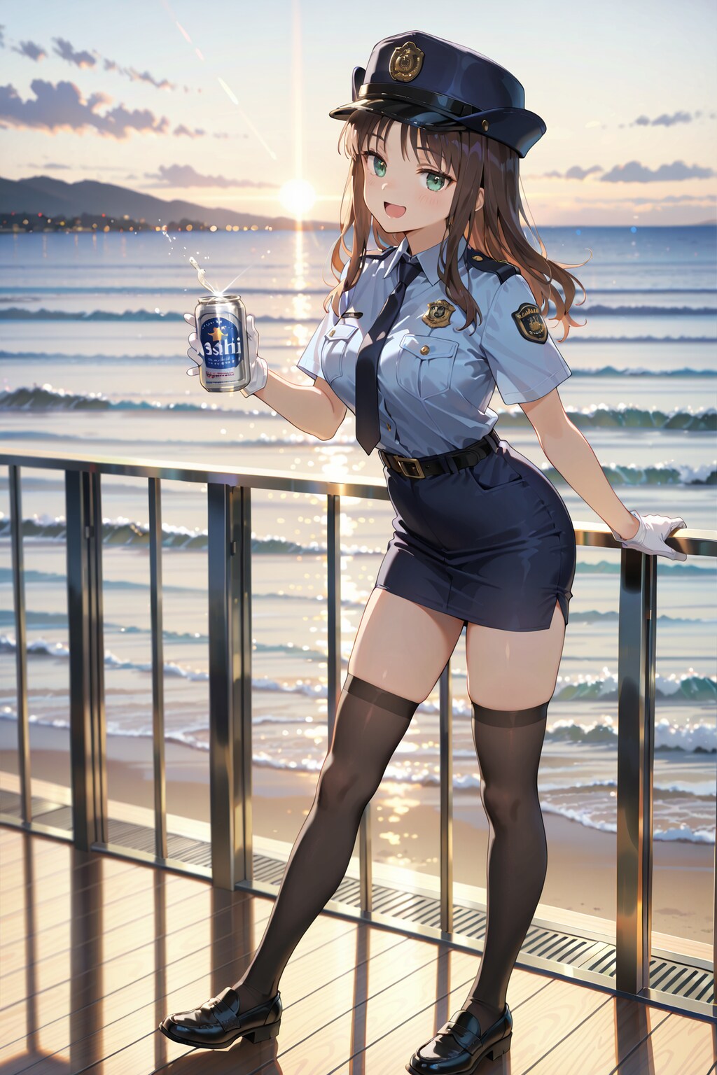 缶ビールを犯人から没収した直後の婦警さん