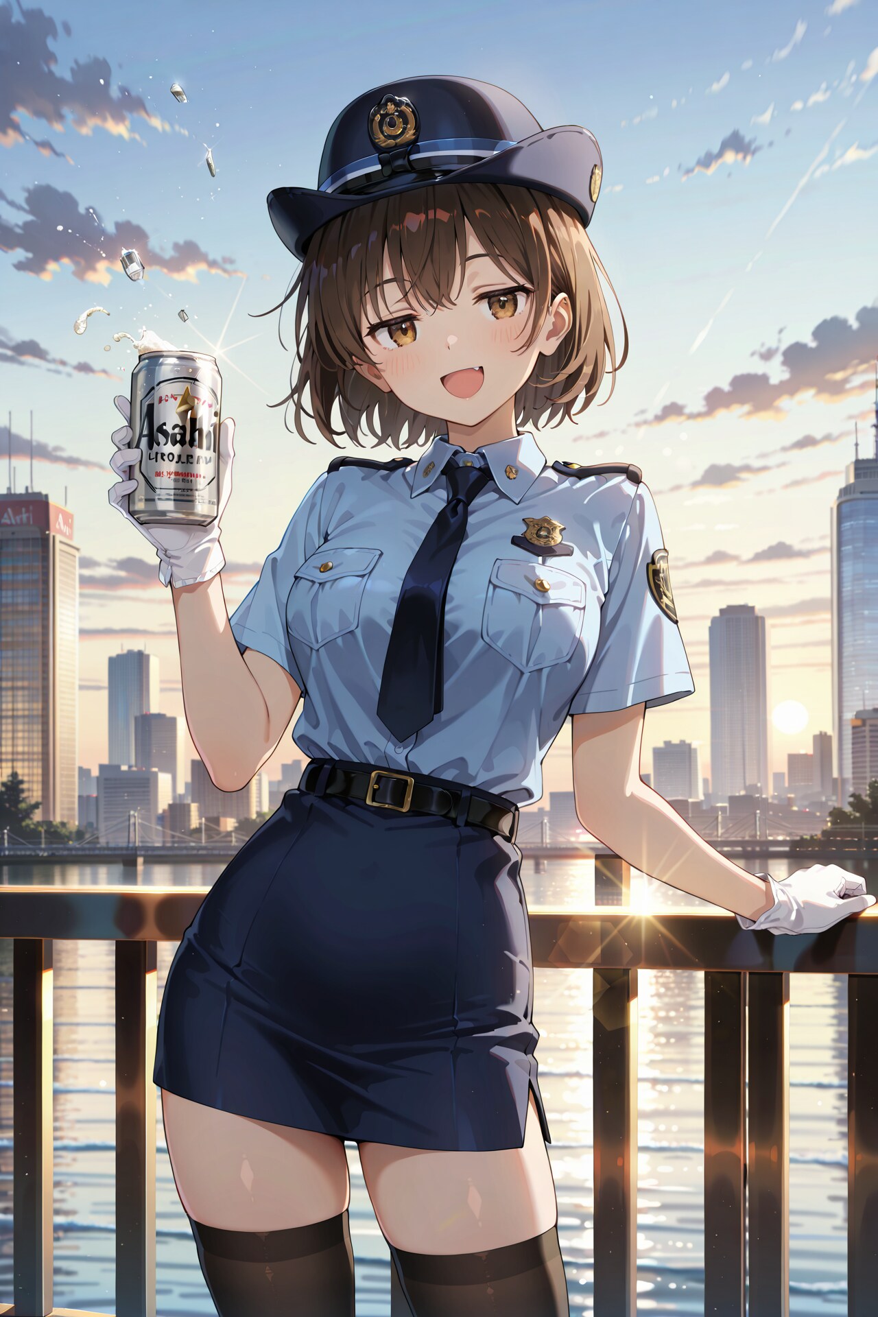 缶ビールを犯人から没収した直後の婦警さん | の人気AIイラスト・グラビア
