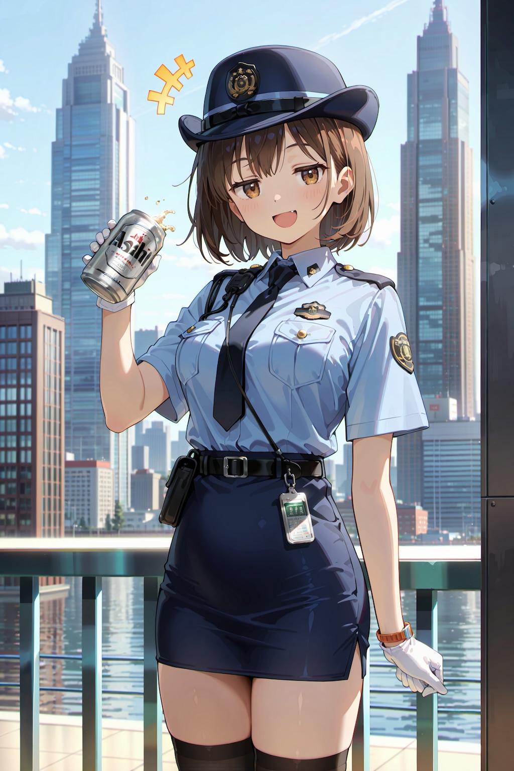 缶ビールを犯人から没収した直後の婦警さん