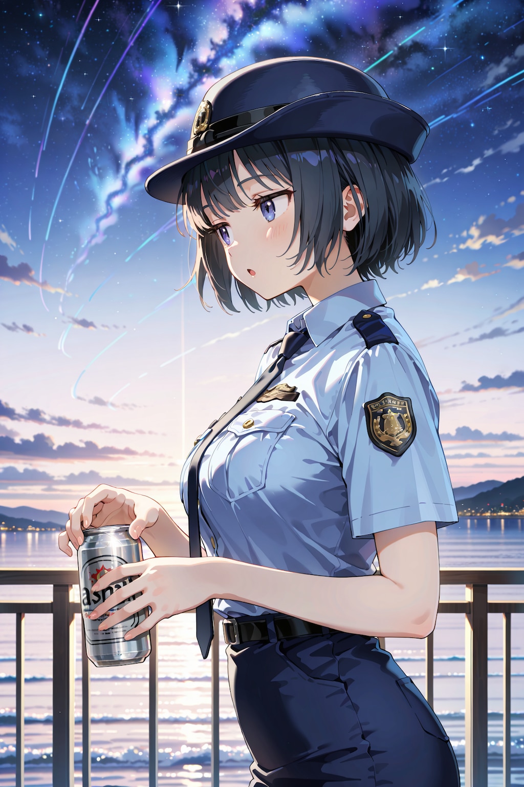 缶ビールを犯人から没収した直後の婦警さん