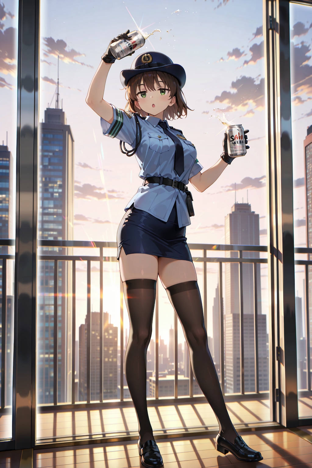 缶ビールを犯人から没収した直後の婦警さん