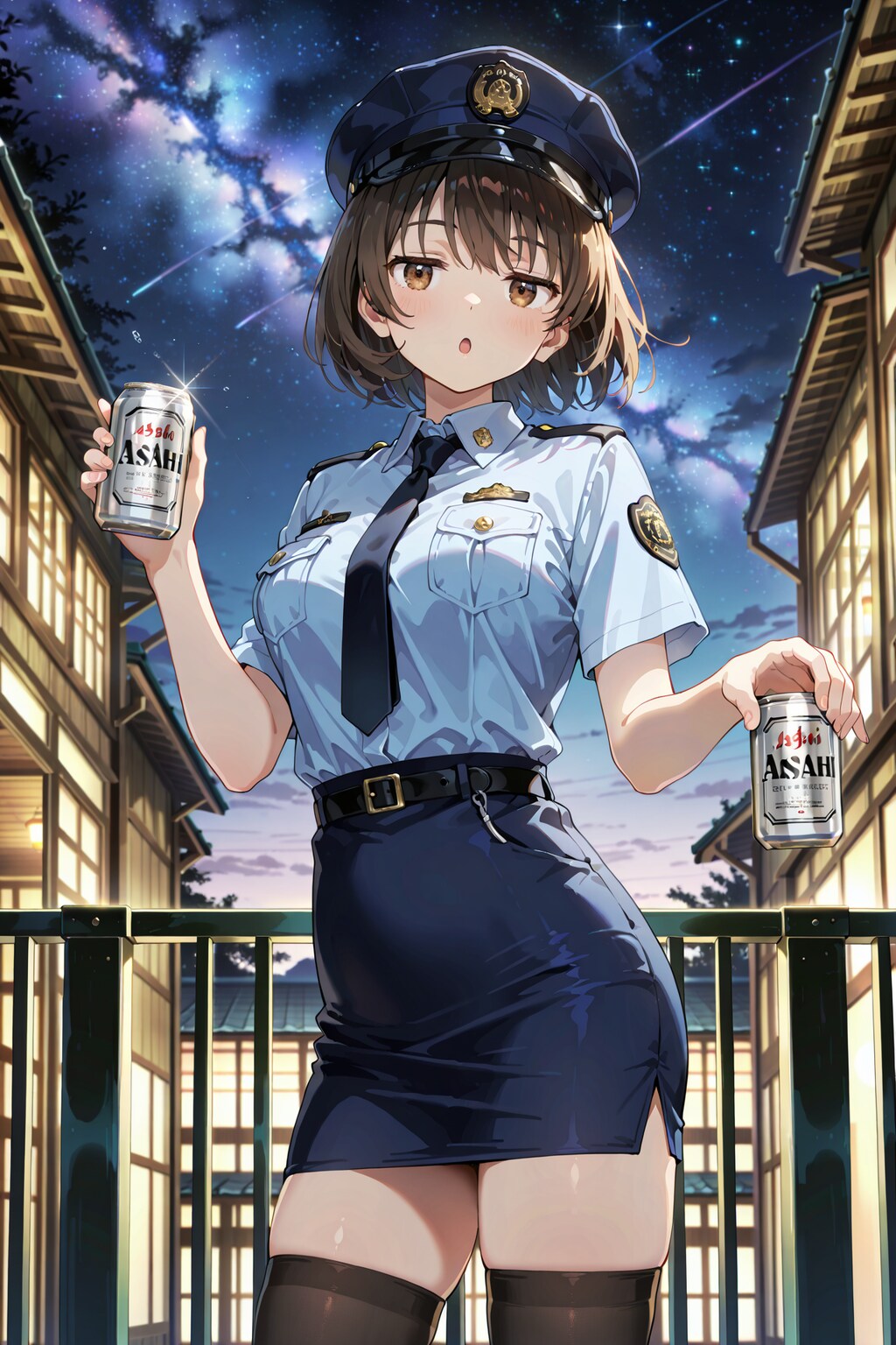 缶ビールを犯人から没収した直後の婦警さん