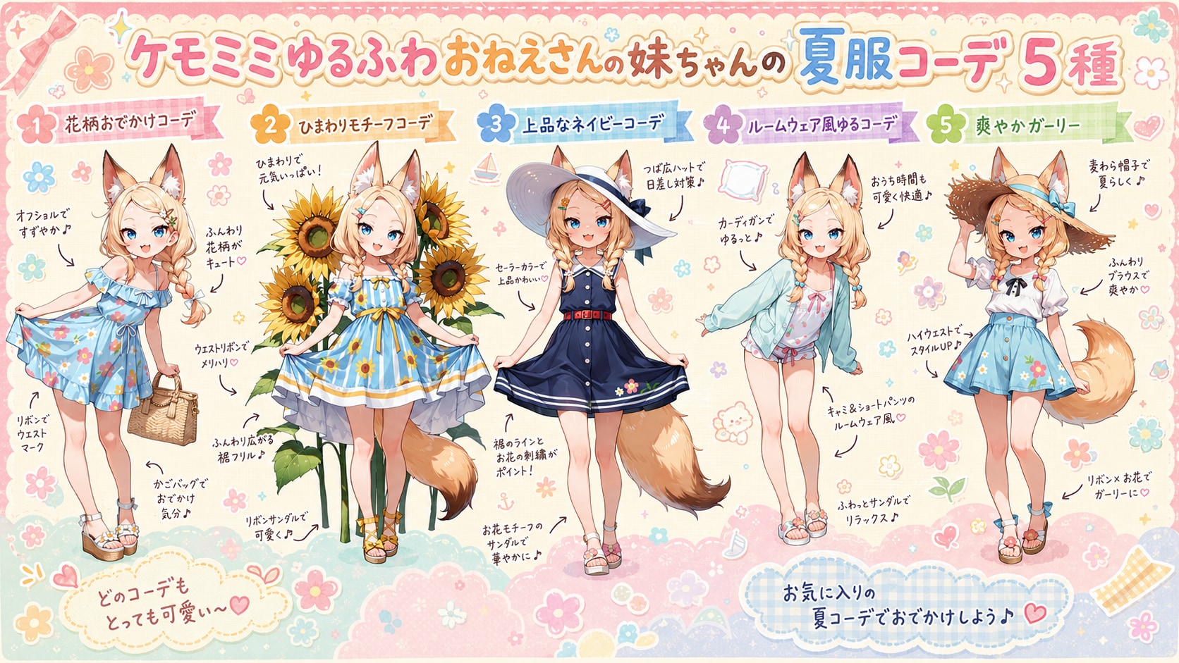 ケモミミゆるふわおねえさんの妹ちゃんの夏服コーデ５種