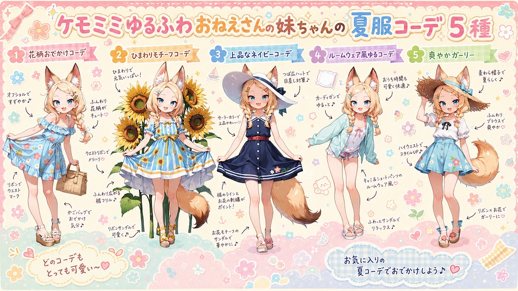 ケモミミゆるふわおねえさんの妹ちゃんの夏服コーデ５種