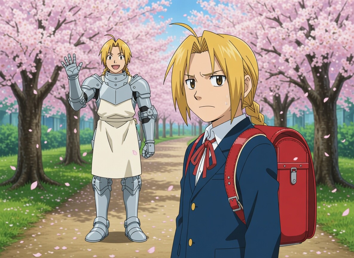 鋼の錬金術師　小学生エドの下校中、エドはもう一人の自分に出会う。二人のエド…本物はどっち？？　タイトルの通り何故かエドがフルメタル(顔以外全身鎧)アルケミストに… | の人気AIイラスト・グラビア