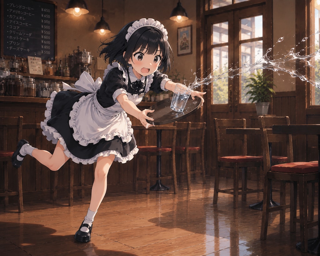 転けそうになるウェイトレスの女の子