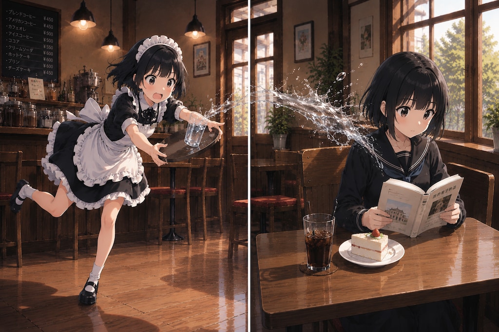 転けそうになるウェイトレスの女の子