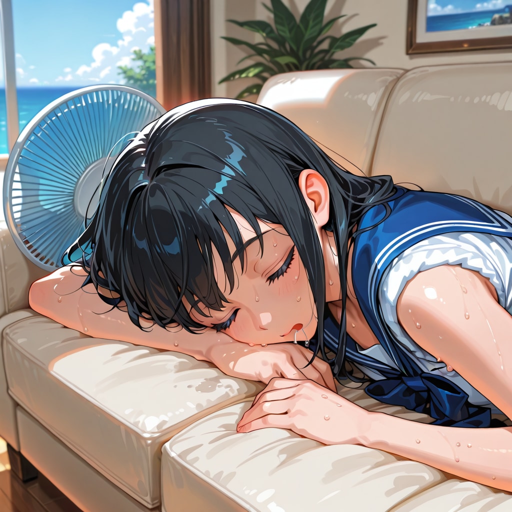 扇風機の風を浴びながらスヤスヤ
