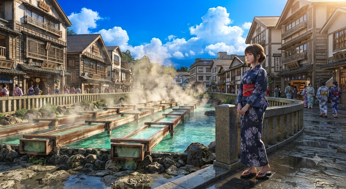 草津温泉の湯畑と少女