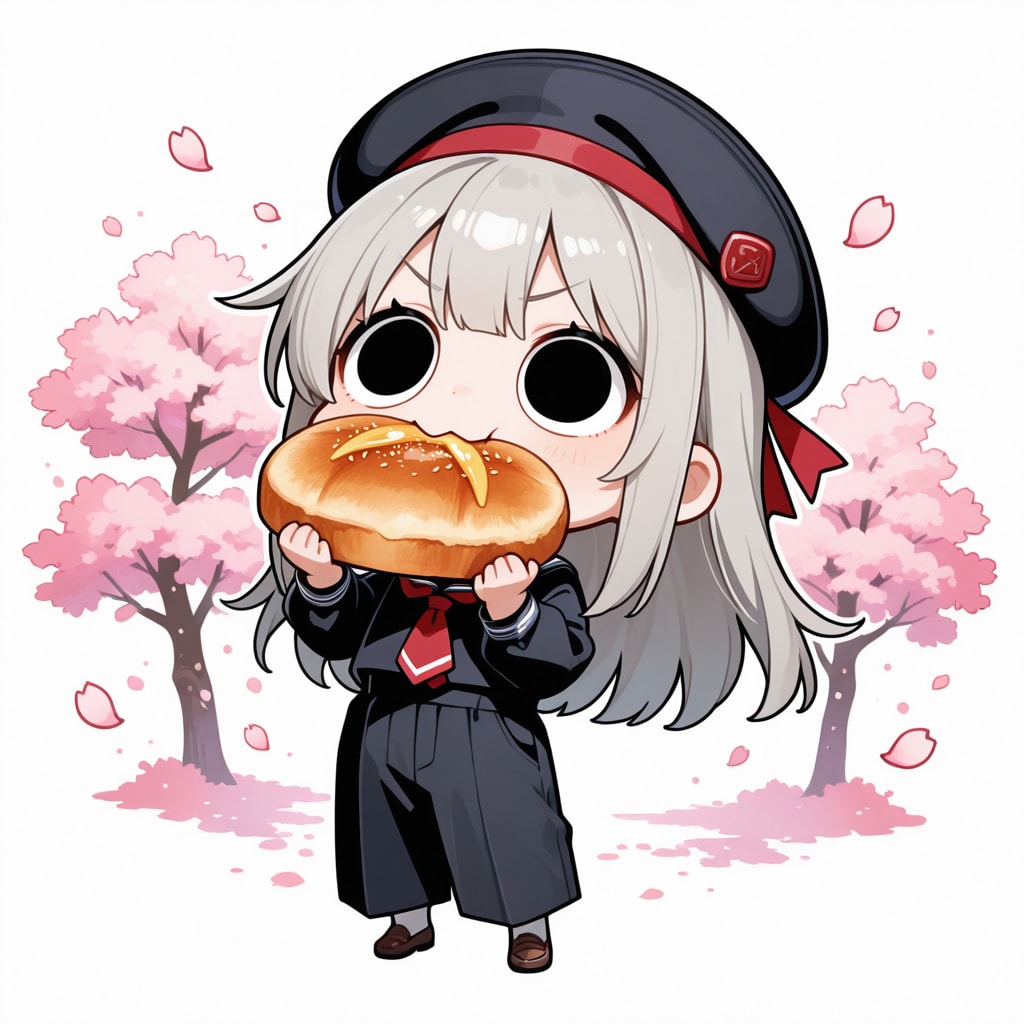 桜を見上げながらパンを頂くえらいこっちゃ嬢