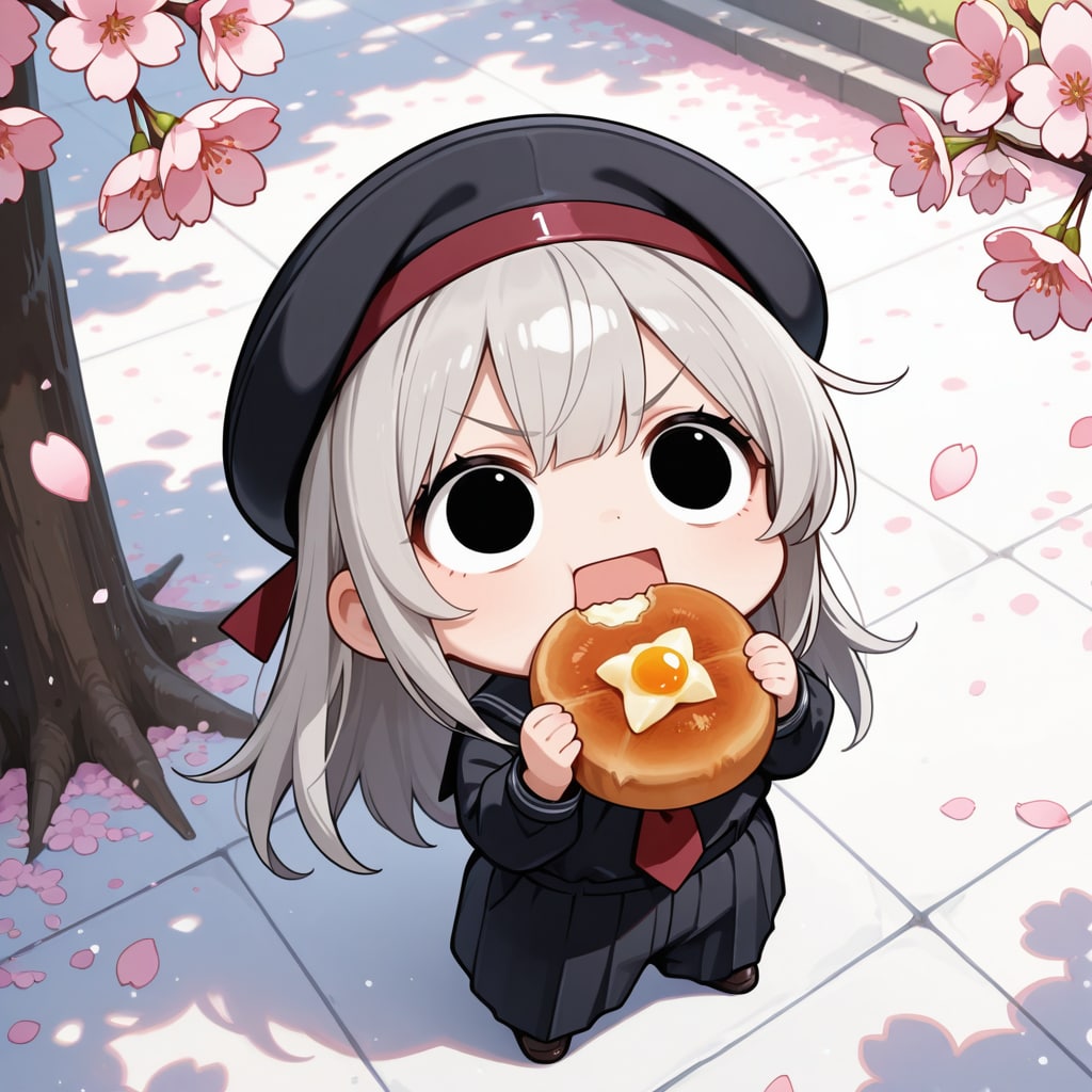 桜を見上げながらパンを頂くえらいこっちゃ嬢 | の人気AIイラスト・グラビア