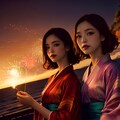煌めく夏の美人が浴衣姿で花火を楽しむ 3枚目