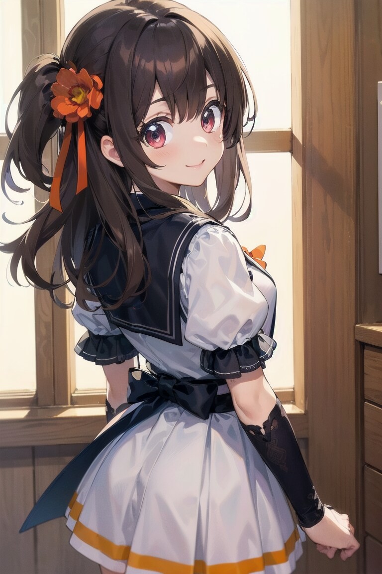 cute eye Aika ,  orange hair ribbon 振り返って