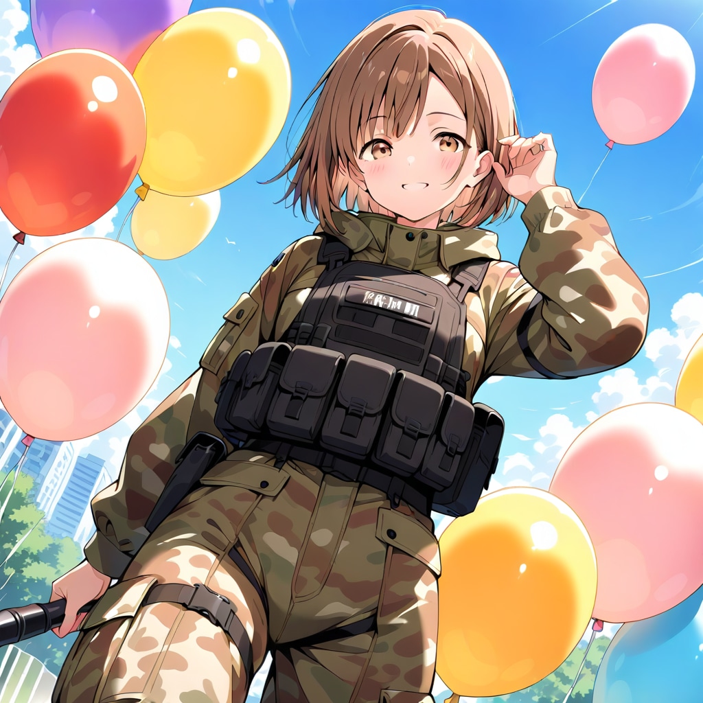 いっぱい風船を持つブラウンショートカットの迷彩服着た美女 | の人気AIイラスト・グラビア