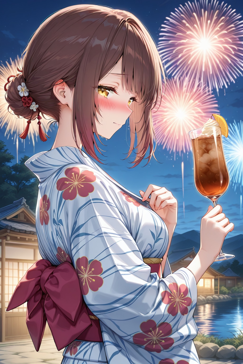 浴衣の心実と花火