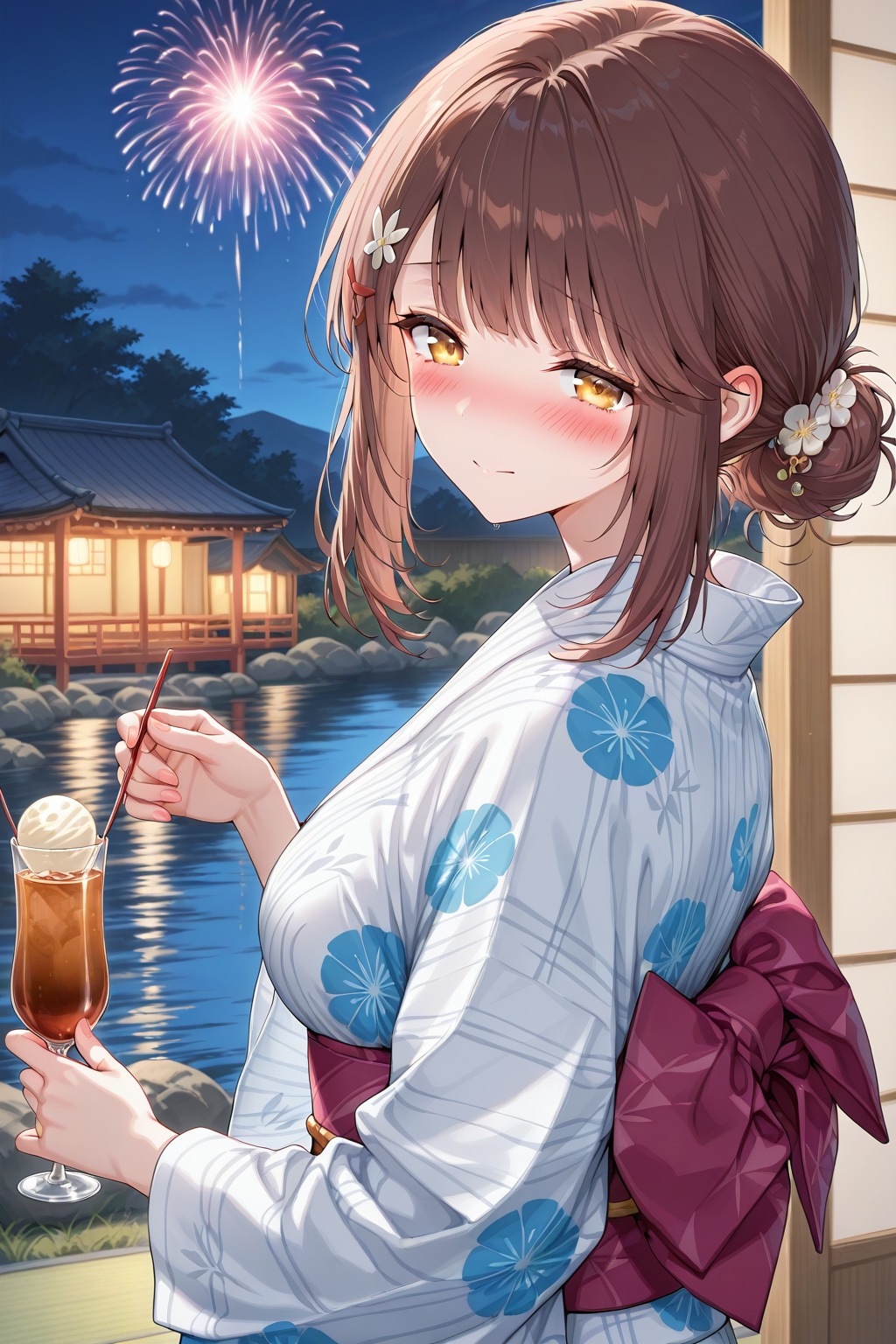 浴衣の心実と花火