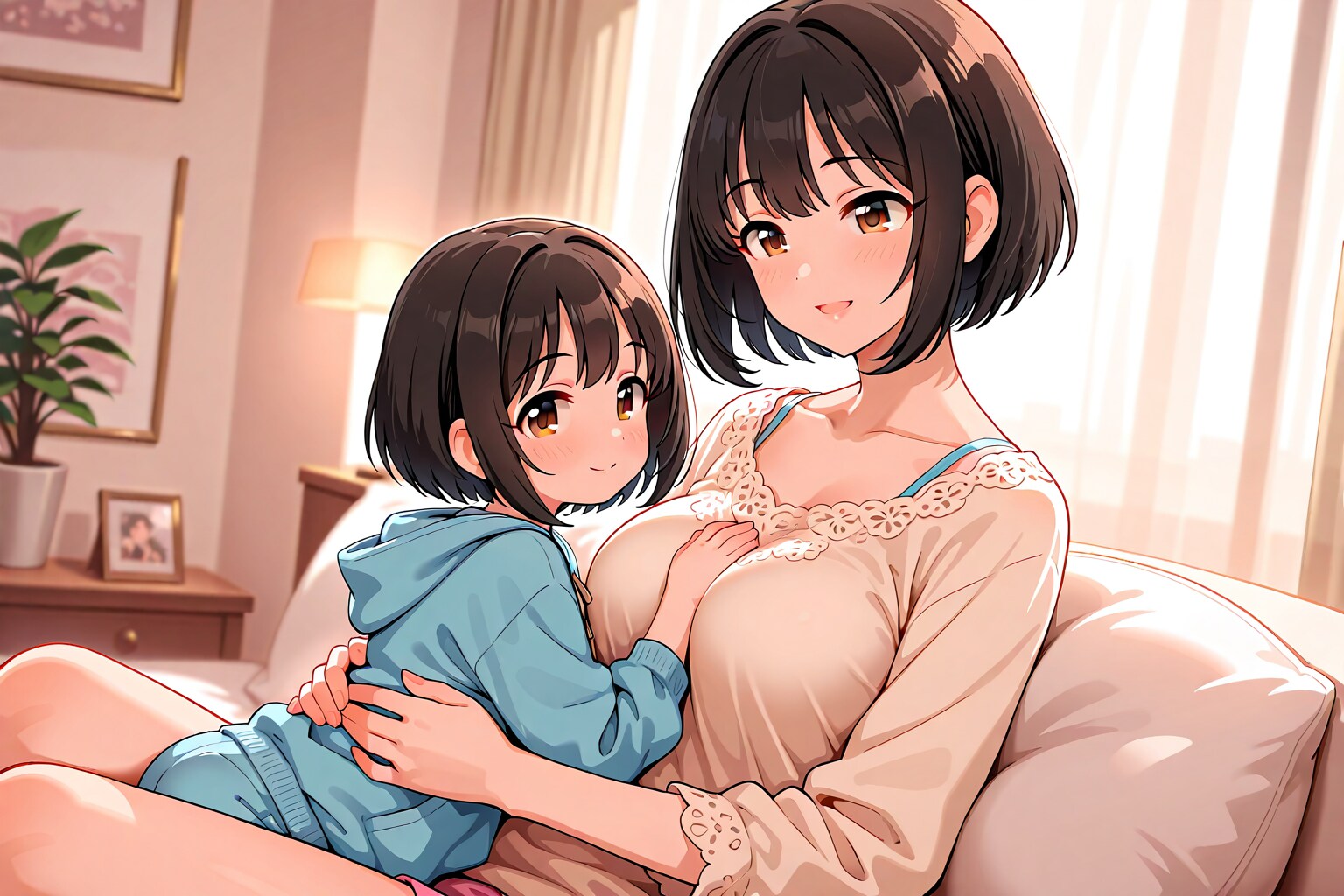 子供と抱き合う茄子さん