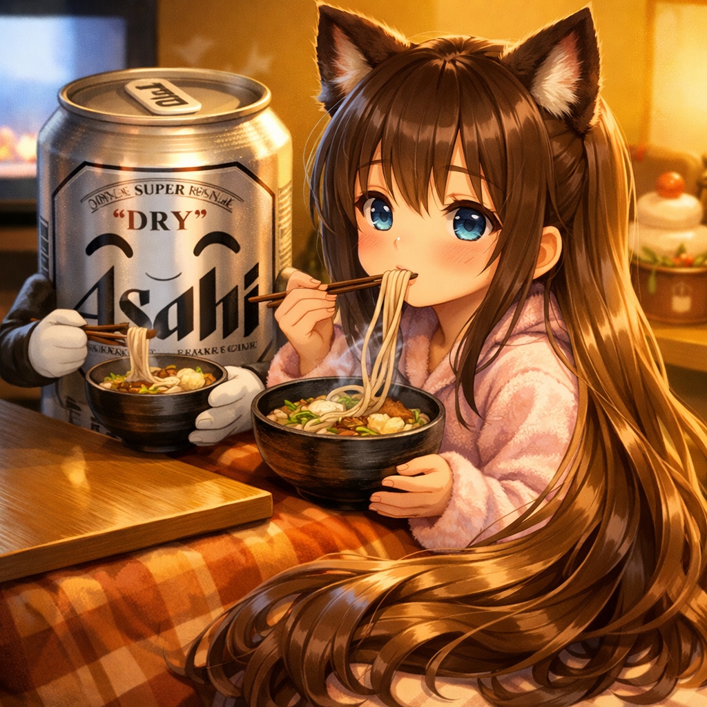 年越しそばを食べる小さな女の子