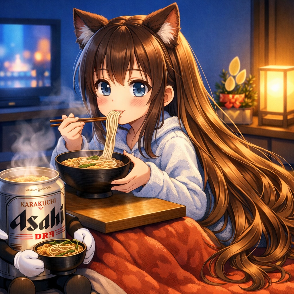 年越しそばを食べる小さな女の子