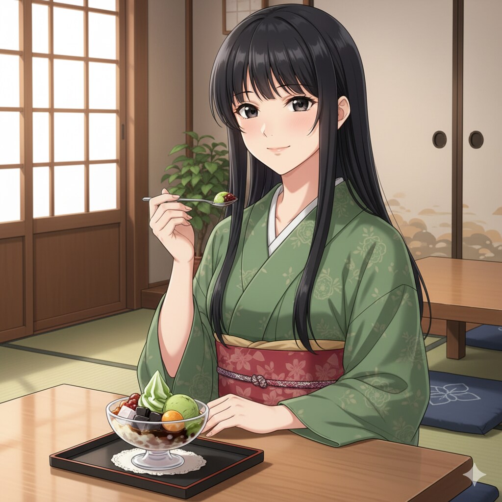 料亭であんみつを食べている鈴音さん