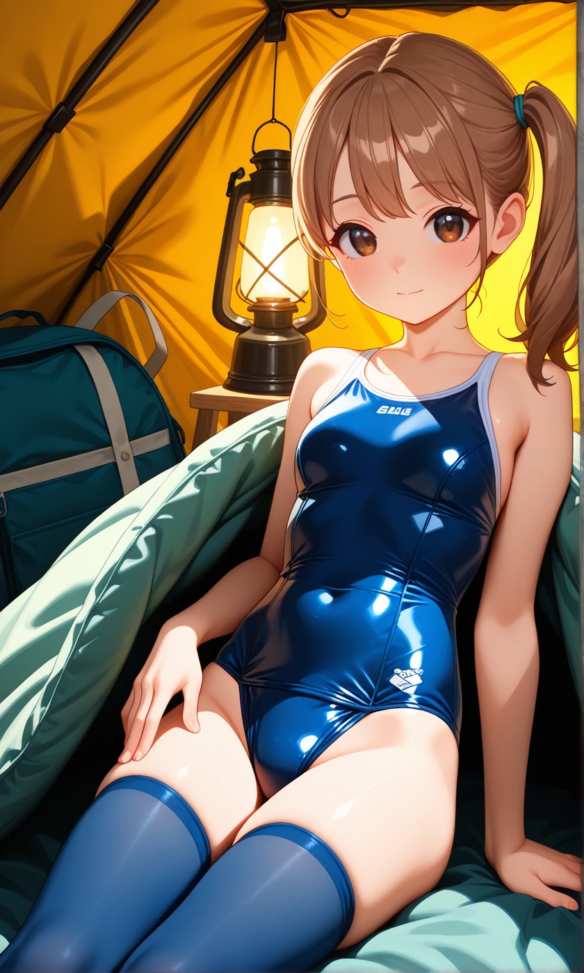 テントですごすスク水サイドポニー女子
