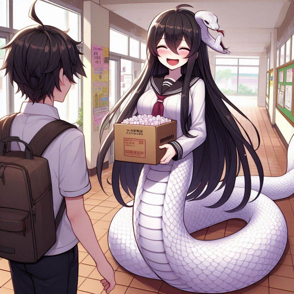 惜しい感じの、マシュマロを受け取って喜んでいるラミアちゃんの絵