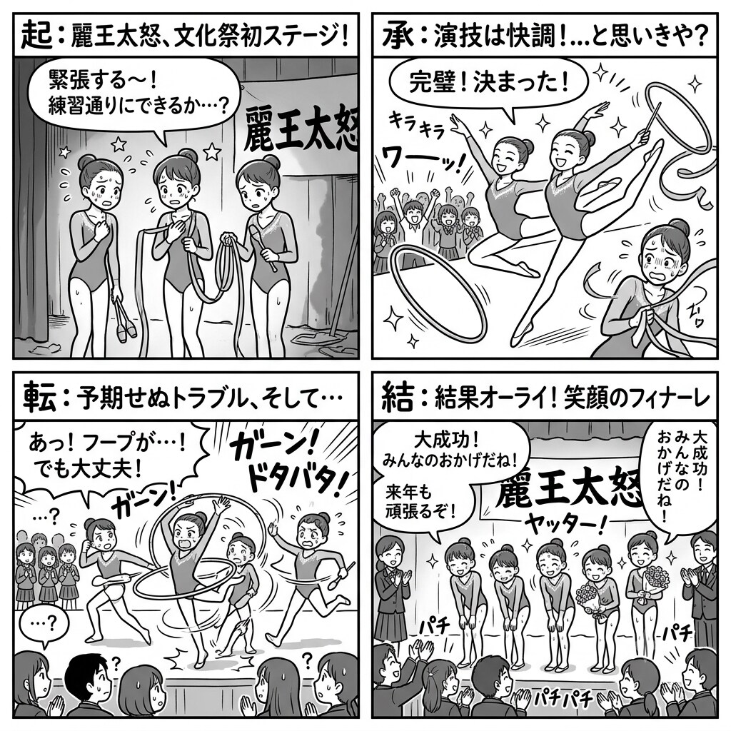 新体操部「麗王太怒」祭りの起承転結の４コマ漫画