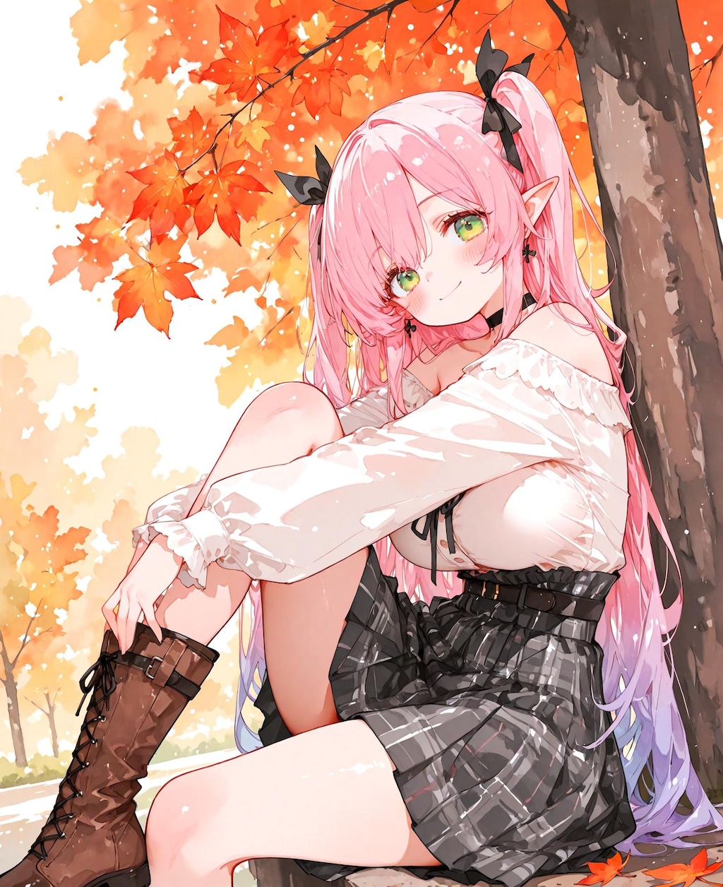 紅葉とピンク髪の少女